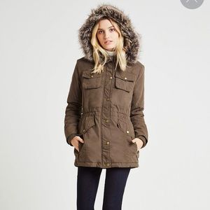 BCBG faux fur trimmed hooded anorak jacket